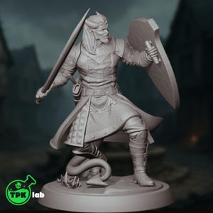 Puede incluir: Figurilla detallada de un guerrero en pose dinámica, sosteniendo una espada y un escudo. La figura está vestida con armadura con un abrigo largo, y una cola se enrolla alrededor de la base. La figurilla tiene un casco con cuernos y pelo largo. La base tiene el texto "TPK lab".