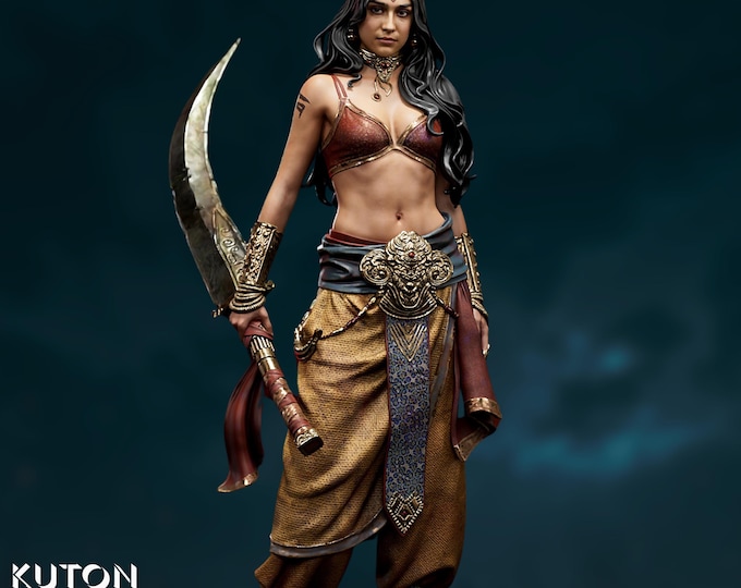 Desert Blade Warrior Model | Middle Eastern Warrior Woman with Flowing Hair and Curved Scimitar | By Kuton Sculpts