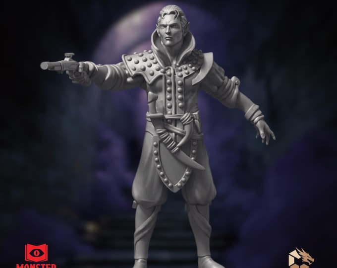 Drow Rogue Mini | Gunslinger Assassin Miniature | Dark Elf with Pistol and Blade | Monster Atlas