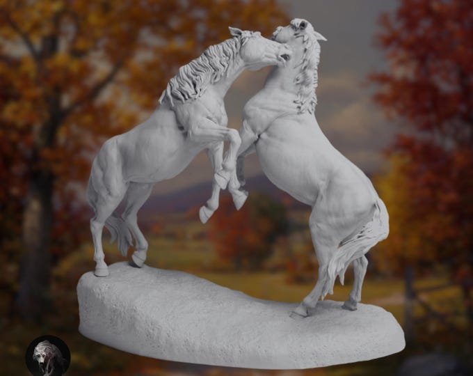 Fighting Mustangs Sculpture | Paintable Resin Wild Horse Duo | By Animal Den Miniatures
