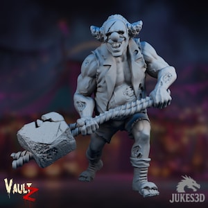 Puede incluir: Figura gris impresa en 3D de un payaso amenazante sosteniendo un gran martillo. El payaso tiene una sonrisa siniestra, cabello rizado y ropa hecha jirones. Los logotipos de Vault Z y Jukes3D son visibles.