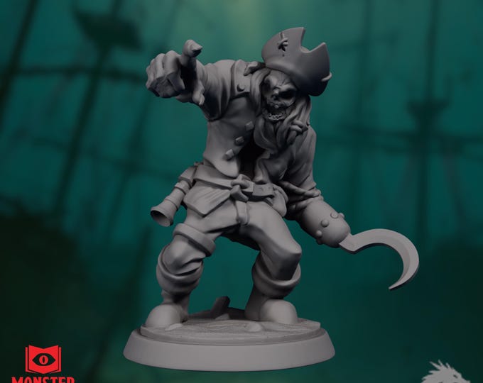 Zombie Pirate Mini | Undead Captain Miniature | Hook Hand Skeleton | By Monster Atlas