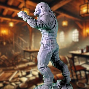 Side view of a Leonin Brawler miniature with fists raised, displaying detailed arm fur and muscular build, standing on a stone base in a tavern background. Ideal for a close-combat character.
