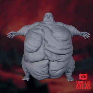 Puede incluir: Figura de monstruo gris impresa en 3D con un cuerpo grande y bulboso y brazos extendidos. La criatura tiene una cara detallada y lleva lo que parece ser una túnica. El logotipo de Monster Atlas es visible en la esquina inferior derecha.