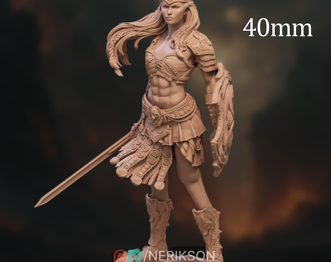 Female Fighter Mini | 32mm Female Paladin or Gladiator Miniature | Shieldmaiden Champion | By Nerikson
