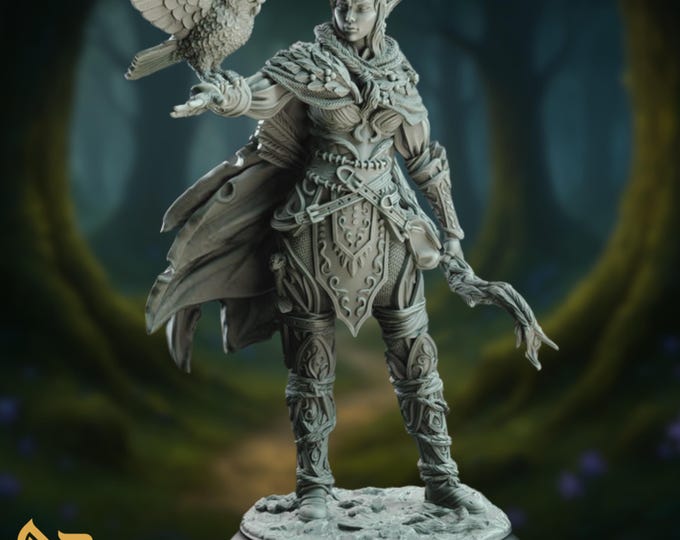 Female Elven Druid with Owl Familiar Mini | Fey Touched Elven Archer Miniature | by DM Stash