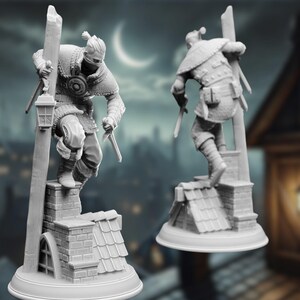 Side view of a Thief Rogue miniature balancing on a detailed rooftop, dual daggers drawn, and a dynamic pose.