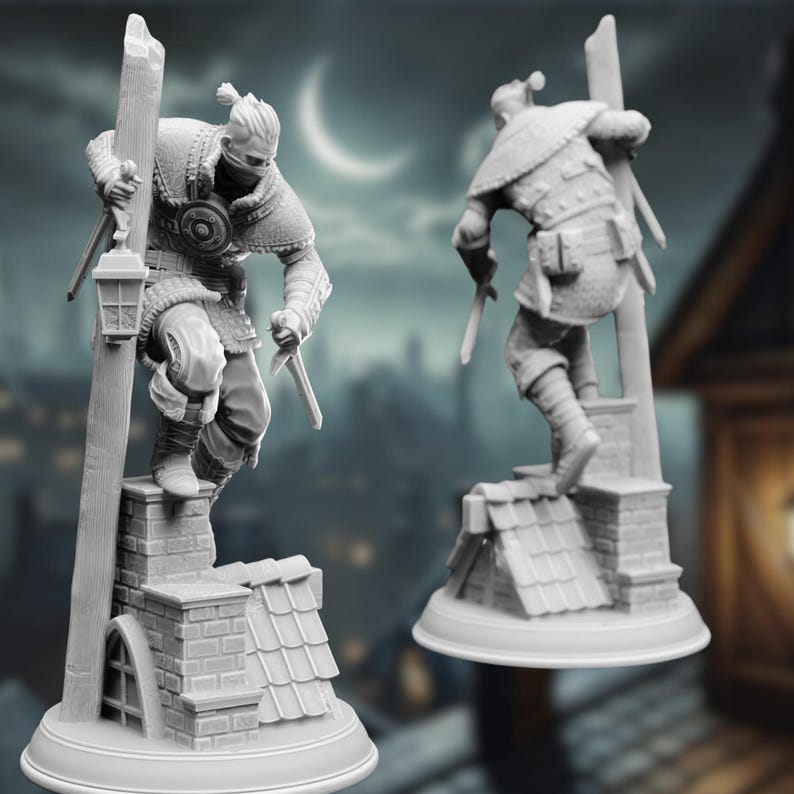 Side view of a Thief Rogue miniature balancing on a detailed rooftop, dual daggers drawn, and a dynamic pose.