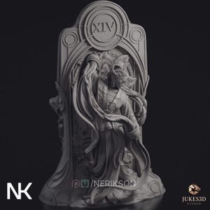 Unpainted Temperance tarot model in dramatic dance pose framed within ornate tarot arch, with flowing hair, ritual jewelry and smoke-like sculpted motion.