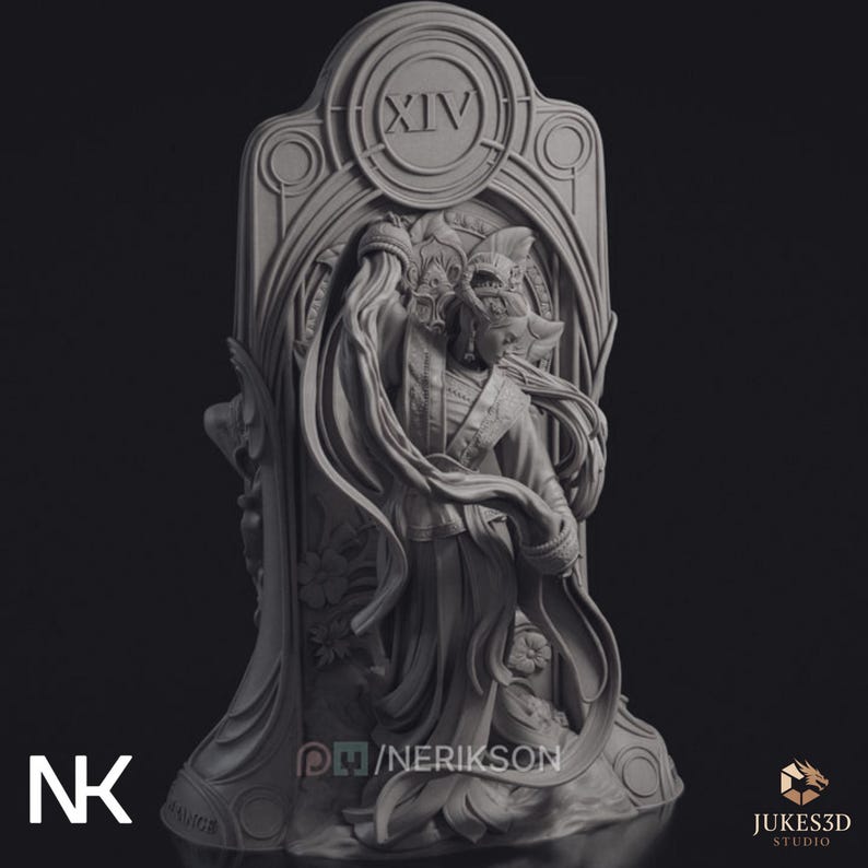 Unpainted Temperance tarot model in dramatic dance pose framed within ornate tarot arch, with flowing hair, ritual jewelry and smoke-like sculpted motion.