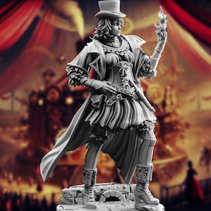 May include: A gray painted figurine of a woman wearing a top hat, a long coat, and a corset. She is holding a flame in her right hand and a gun in her left hand. The figurine is standing on a stone base.