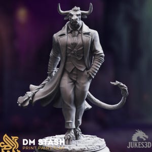 May include: A gray figurine of a minotaur-like figure in a suit and long coat, holding a club. The figure has horns, a tail, and fur-like details on the feet. The base has the text "DM STASH PRINT. PAINT. PLAY."