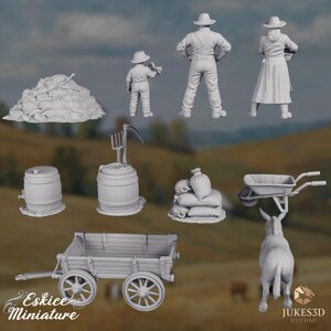 Rear perspective of rural farming miniatures displaying clothing folds, straps, and tool details, with a donkey figure and wooden cart, plus stacked sacks and barrels, all designed for historical diorama or tabletop terrain use.