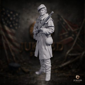 Great Coat at the Ready | Confederate Rifleman Mini | 32mm–75mm Historical Resin Wargame | By KapDave
