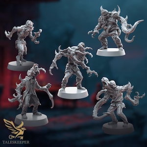 May include: A collection of five gray miniature monster figurines, each on a round base. The monsters have various grotesque features, including horns, claws, and elongated limbs. The Taleskeeper logo is visible at the bottom.