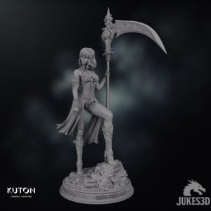 May include: A detailed gray figurine of a woman holding a large scythe. The woman is wearing a detailed outfit and standing on a rocky base. The scythe has ornate detailing. The base has the text "KUTON" and "JUKES3D".