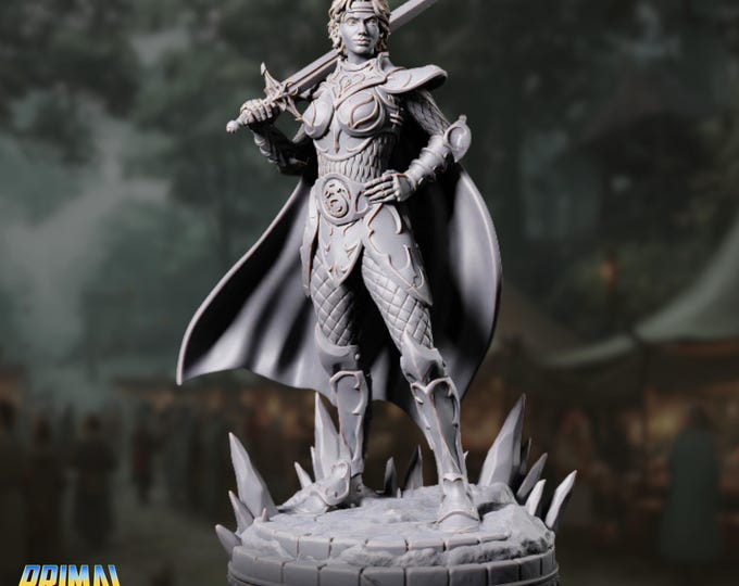 Female Paladin Mini | Champion or Battle Master Miniature | Armored Hero with Sword & Cloak | By Primal Collectibles