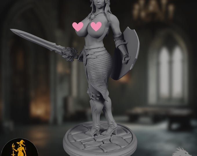 Sexy Female Warrior Statue | Nude Shield Maiden Figure | Adult Fantasy Model | DartArt3D