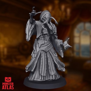 May include: A gray, detailed miniature figure of a robed creature with tentacles and a hooded head. The figure is standing on a round base. The Monster Atlas logo is visible in the lower left corner.