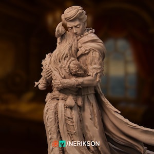 Side view of the couple in a tender embrace, showcasing flowing hair, armor details, and emotional posture.