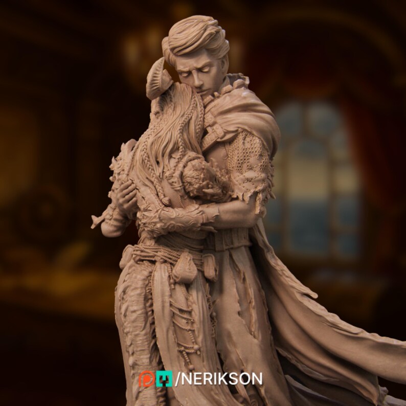 Side view of the couple in a tender embrace, showcasing flowing hair, armor details, and emotional posture.