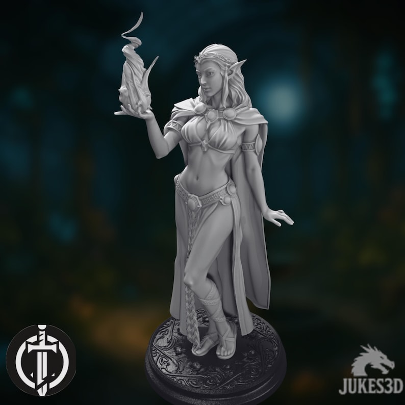 May include: A grey 3D-printed figurine of a female elf holding a flame. The elf is wearing a flowing gown and cape, with intricate details. The figurine is mounted on a decorative base. The base has a diameter of approximately 5 cm.