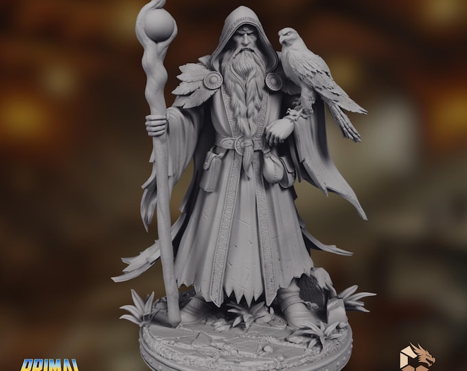 Wizard Mini | Divination Wizard Miniature | Merlin-Inspired Sage with Staff and Familiar | Primal Collectibles