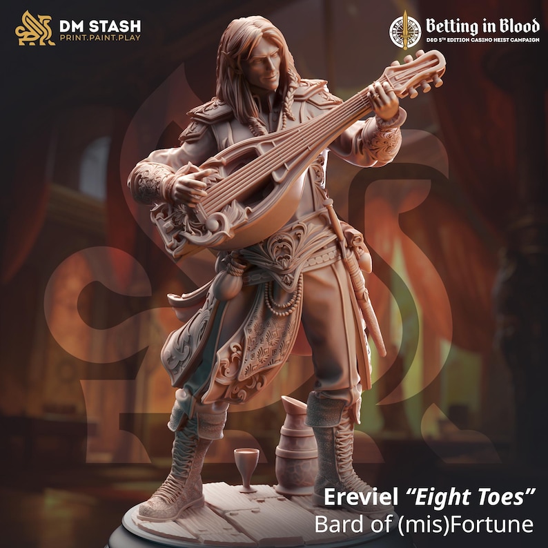 May include: A miniature figurine of a bard playing a lute. The bard is wearing a detailed outfit with a long, flowing robe and intricate patterns. The figurine is painted in a brown color and has a detailed face with a long beard. The figurine is standing on a wooden base. The text "Ereviel "Eight Toes" Bard of (mis)Fortune" is printed below the figurine.