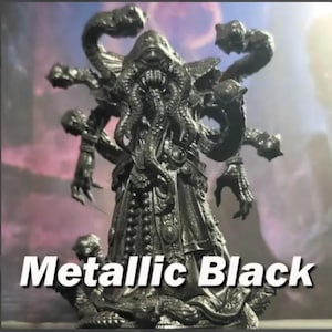 May include: A metallic black statue of a creature with multiple tentacles, a hooded head, and a detailed robe. The statue has a textured surface and is set against a blurred background. The text "Metallic Black" is displayed at the bottom.