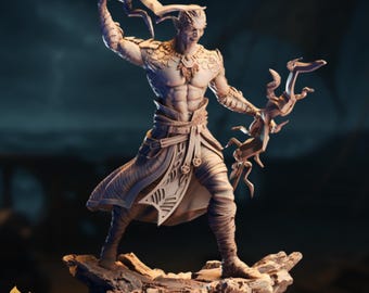 Half-Dragon Warlock Miniature | Draconic Sorcerer, Twin Spell Staffs | DM Stash