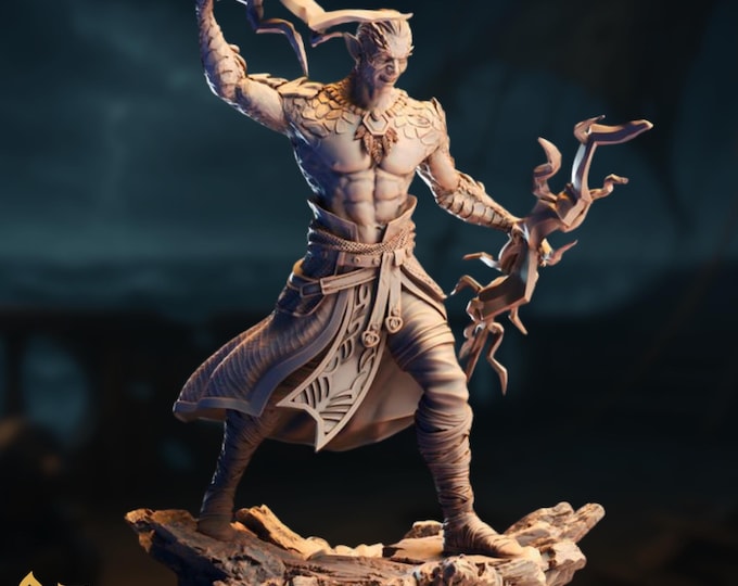 Half-Dragon Warlock Mini | Draconic Sorcerer Miniature | Eldritch Caster with Twin Spell Staffs | By DM Stash please.