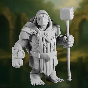May include: A gray painted miniature figurine of a humanoid creature with a reptilian head wearing a hooded robe and holding a hammer.