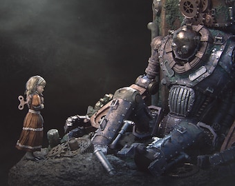 Steampunk Story Model Kit Diorama - Giant Automaton & Clockwork Girl - Paintable Resin Miniature - By Nerikson