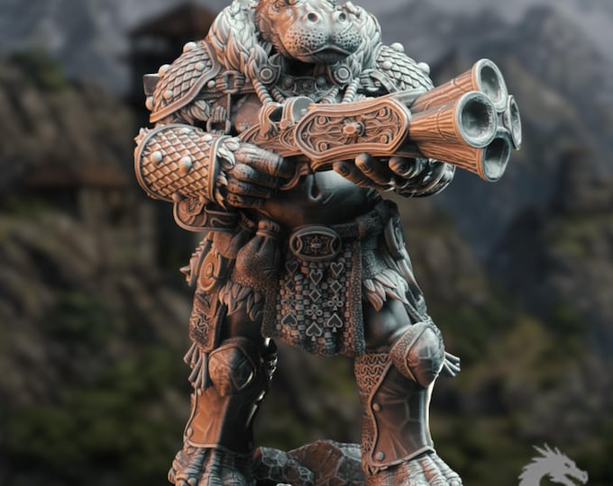 Giff Gunslinger Mini | War Domain Cleric Miniature | Hippo Warrior with Rifle | By DM Stash