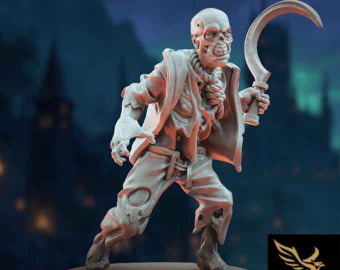 Undead Villager Mini | Sickle-Wielding Zombie Miniature | Male Villain or Horde Fodder | By Tales Keeper