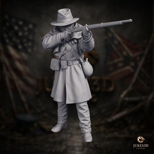 Great Coat Firing Soldier Mini | Confederate Rifleman Miniature | 32mm–75mm Historical Resin Wargame | By KapDave