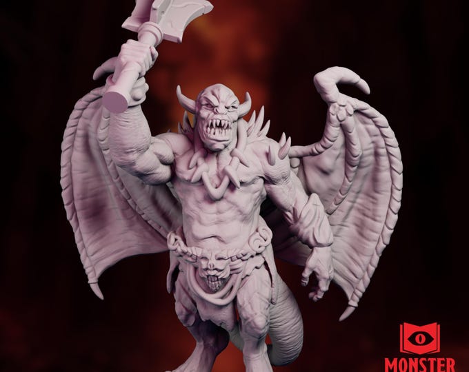 Pit Fiend Miniature | Infernal Boss Monster Mini | Winged Devil NPC with Battle Axe | By Monster Atlas