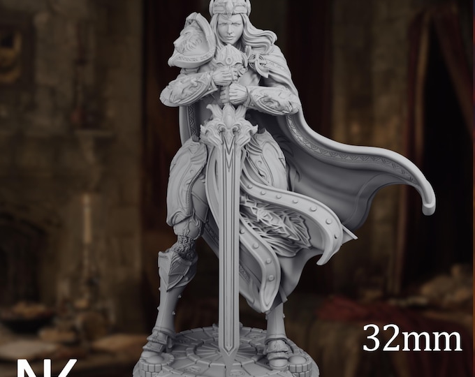 Female Paladin Miniature | 32mm or 40mm Armored Cleric Miniature | Holy Crusader NPC | By Nerikson
