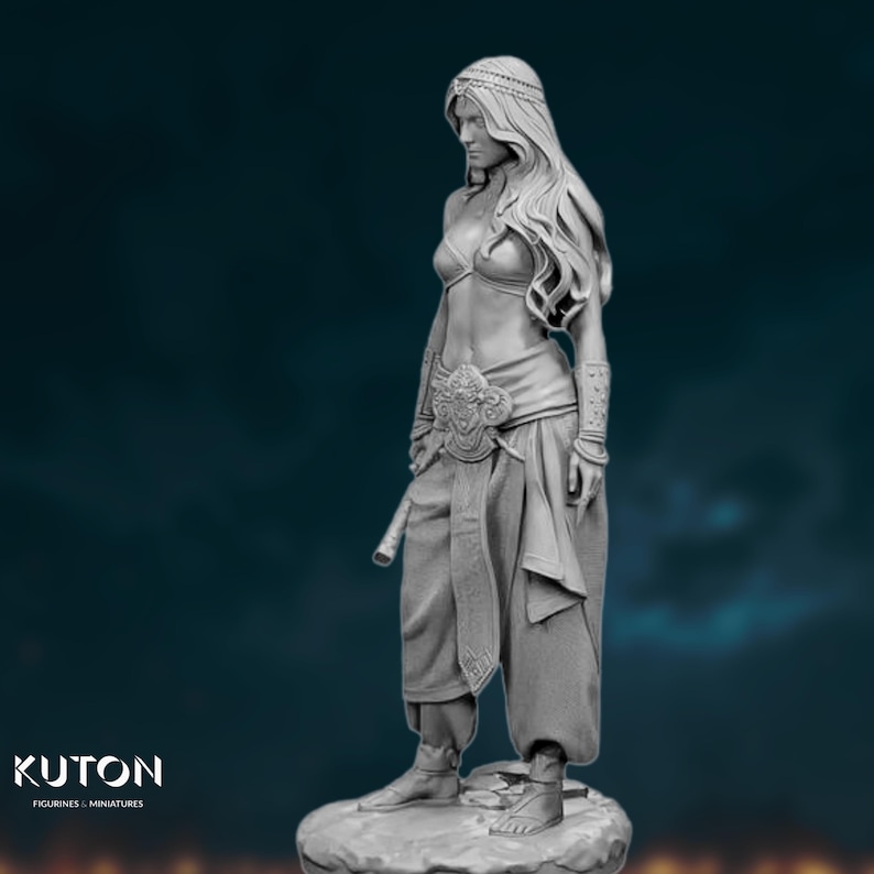 Side view of fully assembled Middle Eastern warrior woman, revealing detailed clothing folds and confident stance.