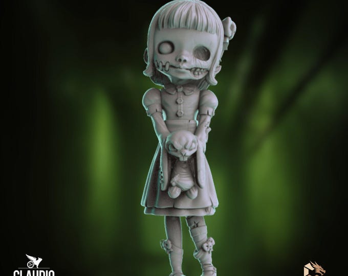 Christine the Cursed Doll | Rotting Girl Scatter Figure | 32mm Horror Wargame Chibi Character | By Claudio Casini