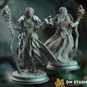 Front and rear render of the Feywalker miniature, a graceful fae spellcaster adorned in layered leaf robes and crowned with petals. She holds a gnarled staff with blooming flowers and extends one hand in a gesture of magic.