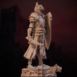 Front view of undead paladin miniature, poised with shield forward and sword at the ready atop a broken ruin base.