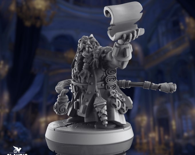 Dwarven Wizard Mini | Male Dwarf Sorcerer Miniature | Bearded Spellcaster with Scroll and Staff | By Claudio Casini Art