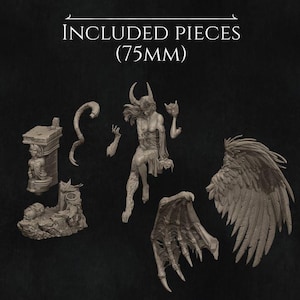 May include: A collection of detailed miniature figurines, including a winged demon, a seated female figure with horns, and architectural elements. The text "INCLUDED PIECES (75MM)" is at the top. The figurines are in shades of gray.