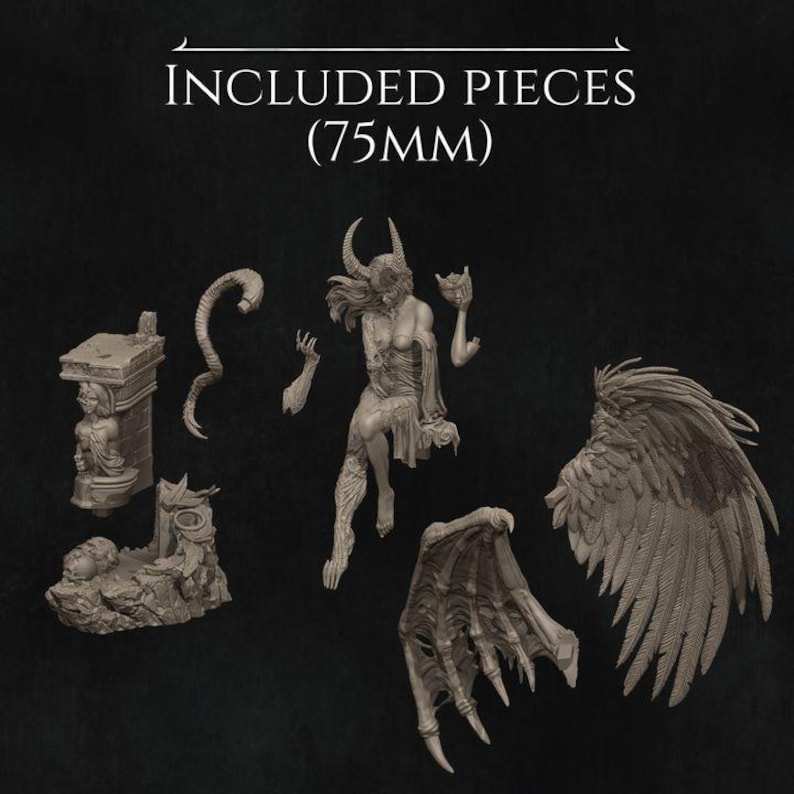 May include: A collection of detailed miniature figurines, including a winged demon, a seated female figure with horns, and architectural elements. The text "INCLUDED PIECES (75MM)" is at the top. The figurines are in shades of gray.