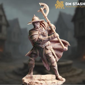 May include: A miniature figurine of a warrior wearing armour and a helmet with a wide brim. The warrior is holding a large axe with a curved blade. The figurine is painted in a light brown colour and is standing on a base.