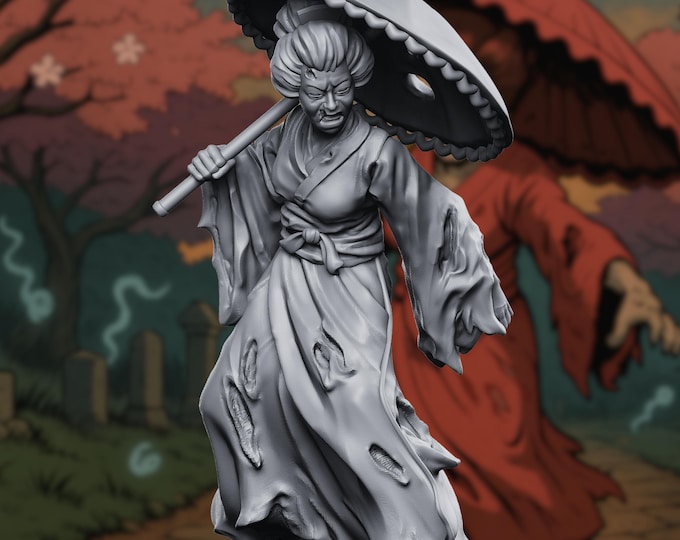 Zombie Geisha Girl Mini | Japanese Undead with Parasol and Kimono For Post-Apocalyptic Horror | By Vaultz