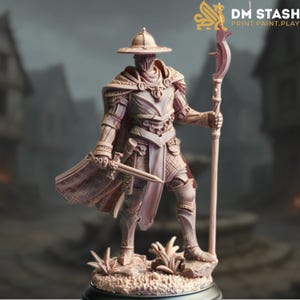 May include: A detailed miniature figurine of a knight in full armor, holding a sword and a staff. The knight is wearing a helmet with a visor, a chainmail tunic, and a cape. The figurine is painted in a light brown color and is standing on a base with a grassy texture.