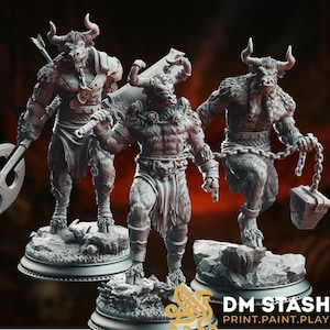 May include: Three detailed miniature figurines of minotaurs, each with a different pose and weapon. The minotaurs are sculpted in a realistic style with intricate details, including horns, fur, and armor. The figurines are painted in a gray color scheme, giving them a weathered and battle-worn appearance.