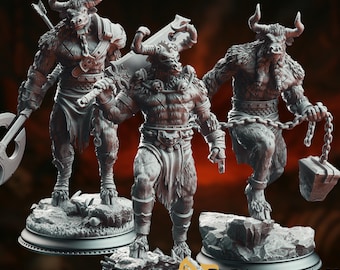 Brutal Minotaur Warrior Set: Axe, Sword, Chain - Tabletop Miniatures